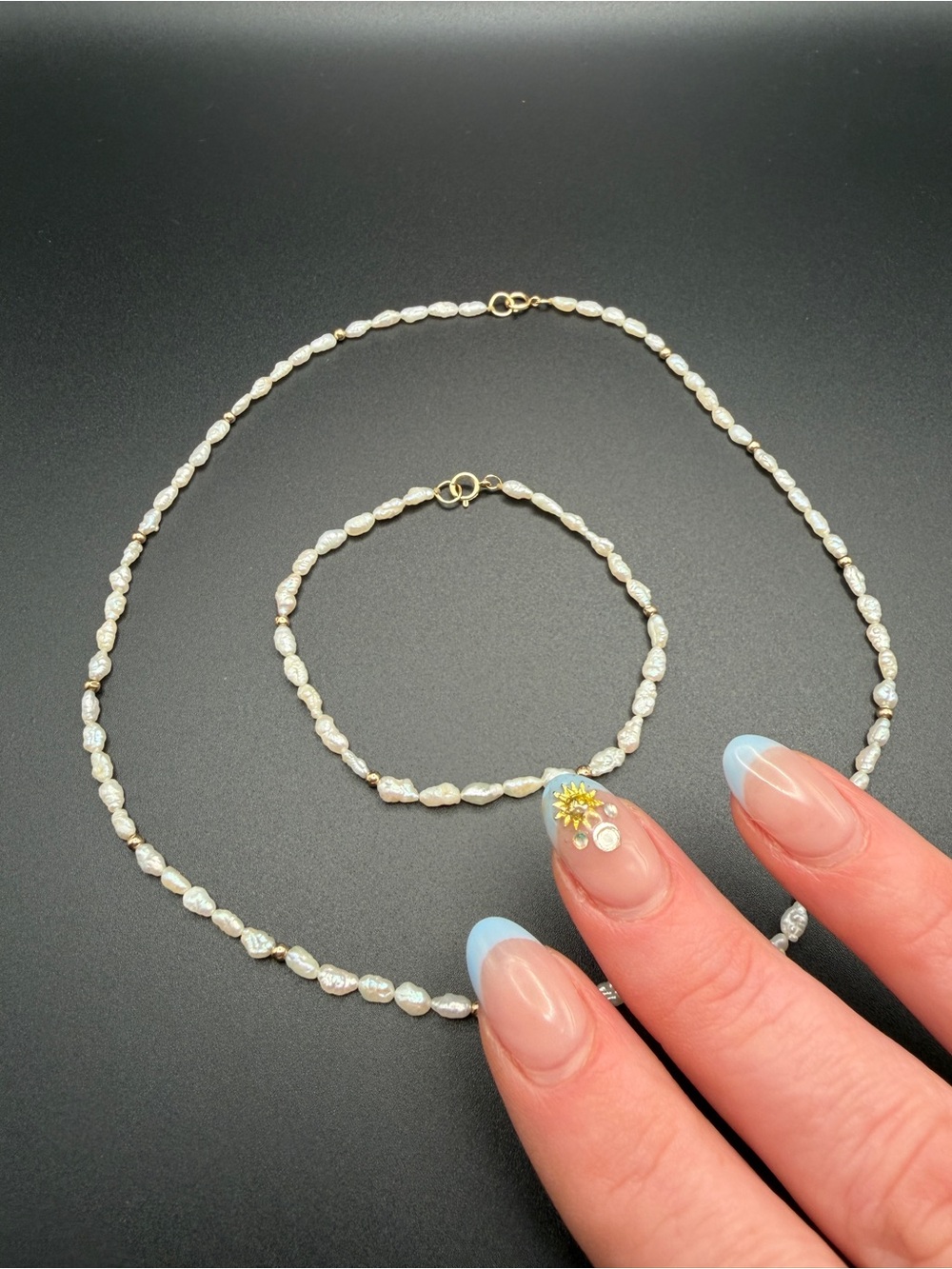 14k Gold Rice Pearl Necklace and Bracelet Set Dainty Married Choker Freshwater